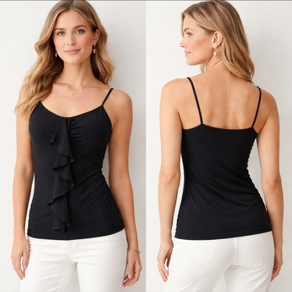 White House Black Market Black Flounce Front Cami XS NWT Elegant Layering Top